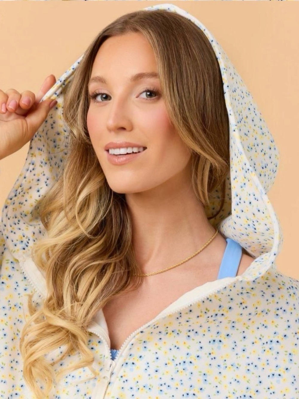 Blogilates Cozy Speckled floral Hooded Jacket - Cream with Blue & Yellow flowers